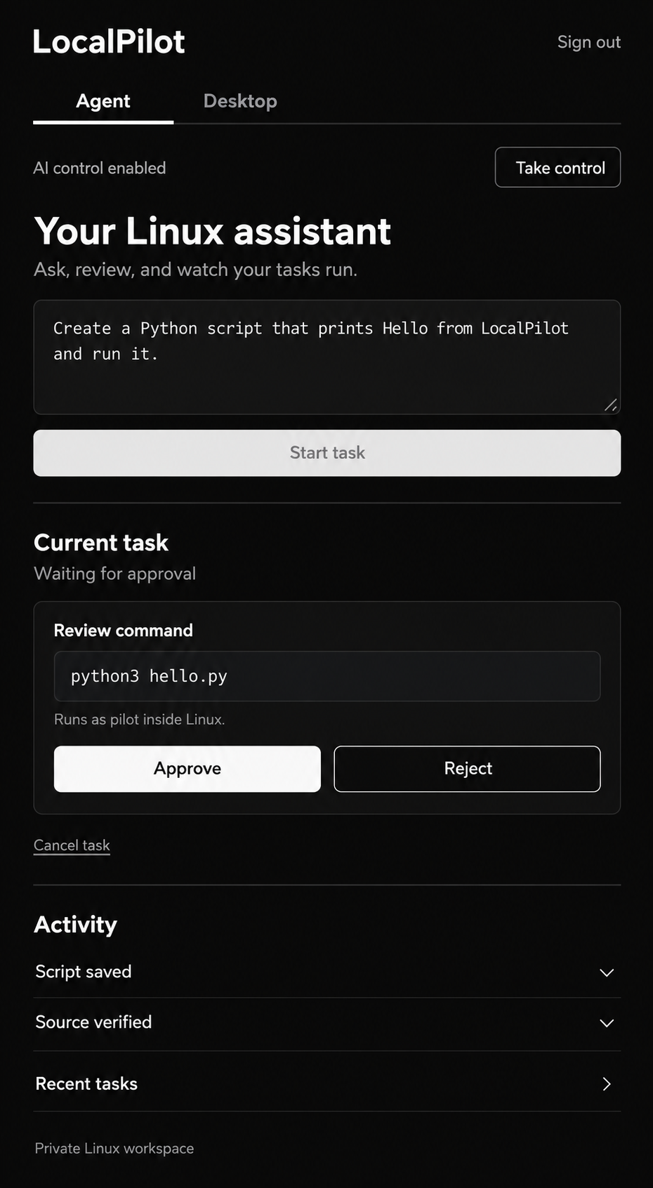 LocalPilot's Agent view on an iPhone, with task instructions and action approval controls
