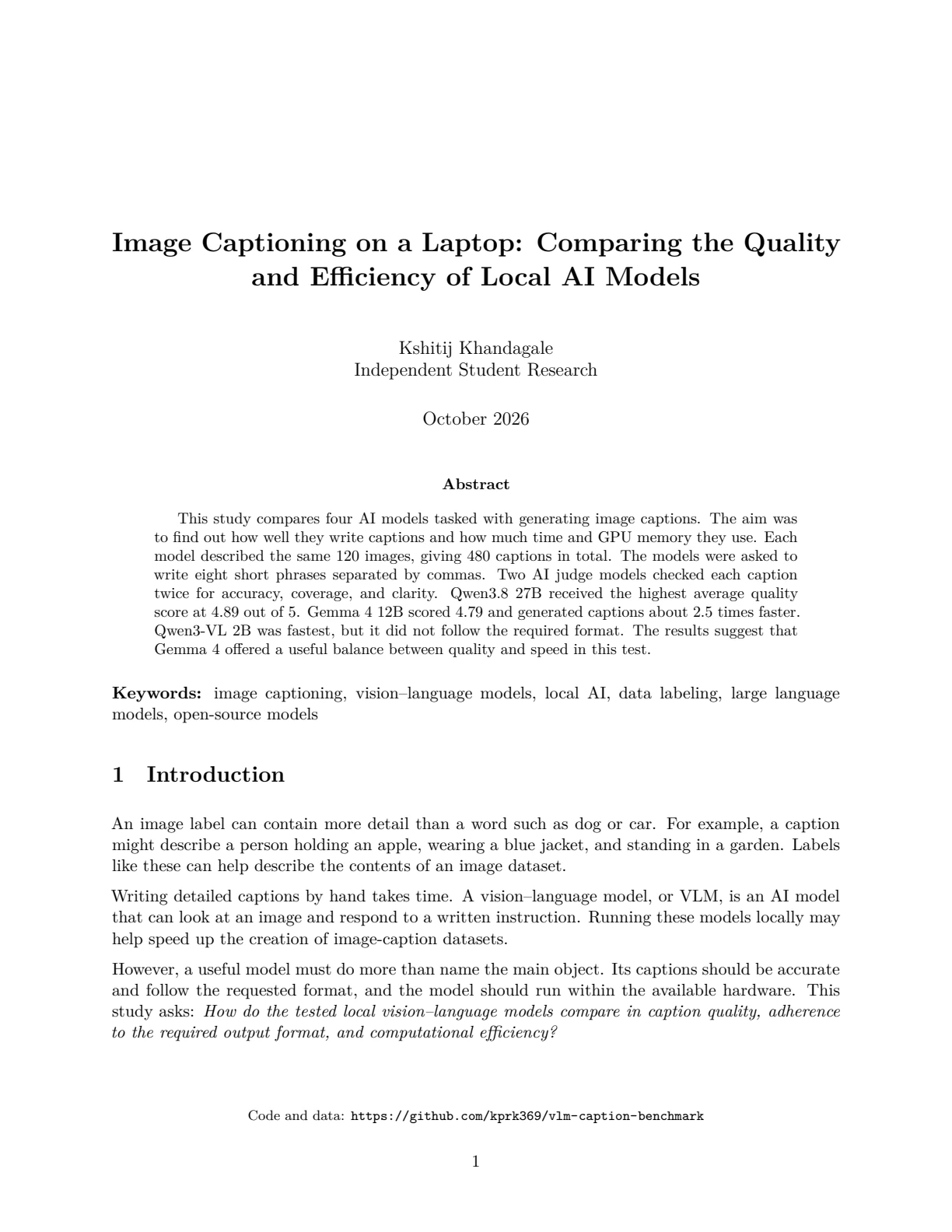 Page 1 of 11 of Image Captioning on a Laptop: Comparing the Quality and Efficiency of Local AI Models