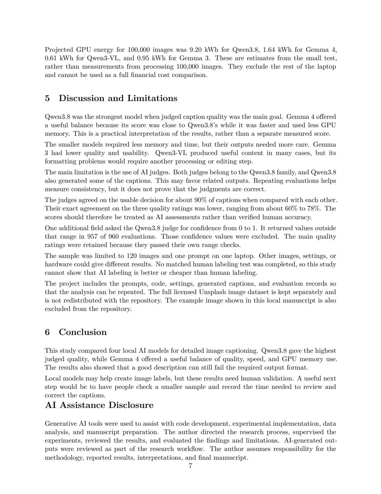 Page 7 of 11 of Image Captioning on a Laptop: Comparing the Quality and Efficiency of Local AI Models